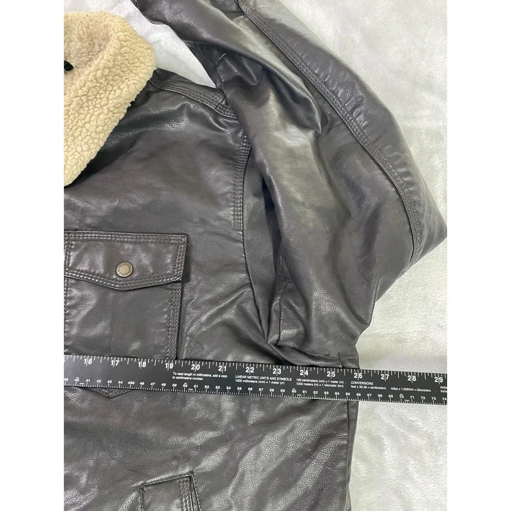 Levis Faux Leather Sherpa Bomber Flight Jacket Men XL Chocolate Brown Distressed